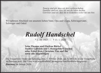 Traueranzeige von Rudolf Handschel von Südthüringer Presse