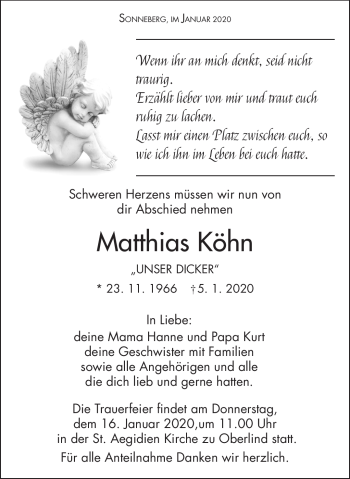 Traueranzeige von Matthias Köhn von Südthüringer Presse