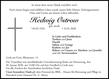 Traueranzeige von Hedwig Ostrow von Neue Presse Coburg