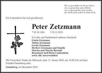 Traueranzeige von Peter Zetzmann von Südthüringer Presse