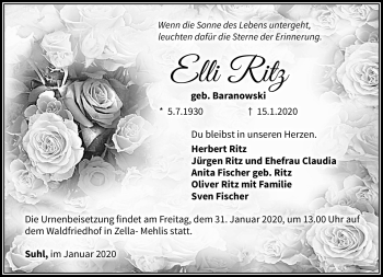 Traueranzeige von Elli Ritz von Südthüringer Presse