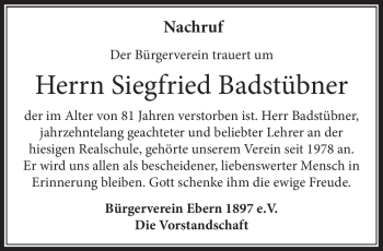 Traueranzeige von Siegfried Badstübner von Neue Presse Coburg