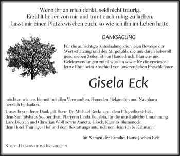 Traueranzeige von Gisela Eck von Südthüringer Presse