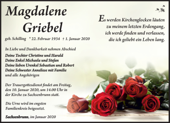 Traueranzeige von Magdalene Griebel von Südthüringer Presse