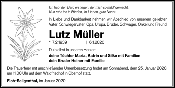 Traueranzeige von Lutz Müller von Südthüringer Presse