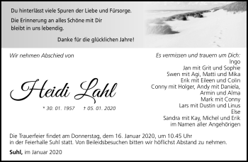 Traueranzeige von Heidi Lahl von Südthüringer Presse