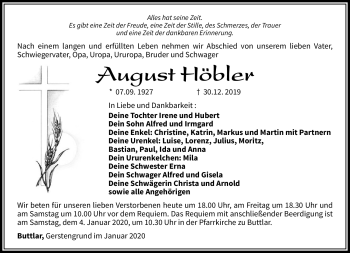 Traueranzeige von August Höbler von Südthüringer Presse
