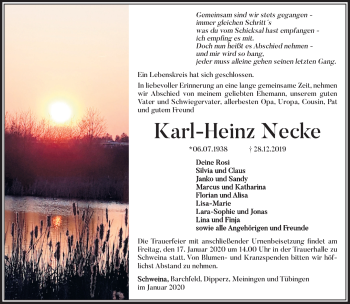 Traueranzeige von Karl-Heinz Necke von Südthüringer Presse