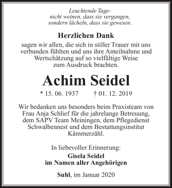Traueranzeige von Achim Seidel von Südthüringer Presse