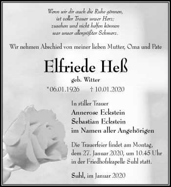 Traueranzeige von Elfriede Heß von Südthüringer Presse