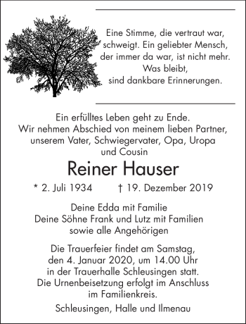 Traueranzeige von Reiner Hauser von Südthüringer Presse