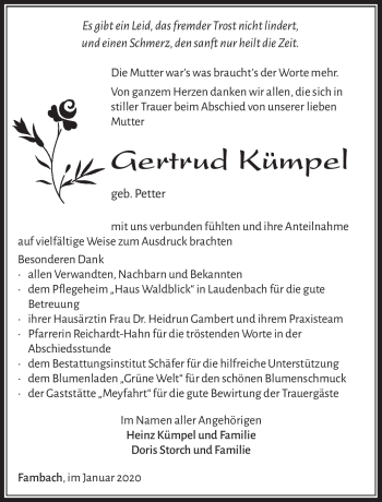 Traueranzeige von Gertrud Kümpel von Südthüringer Presse