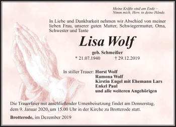 Traueranzeige von Lisa Wolf von Südthüringer Presse