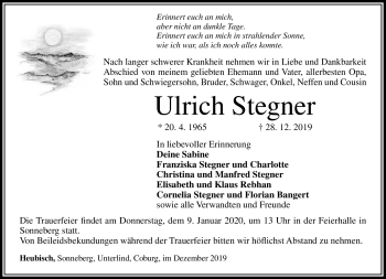 Traueranzeige von Ulrich Stegner von Südthüringer Presse