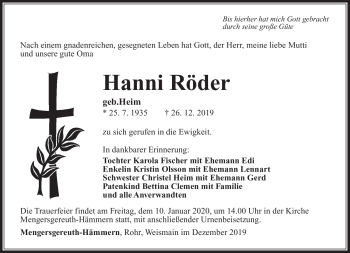 Traueranzeige von Hanni Röder von Südthüringer Presse