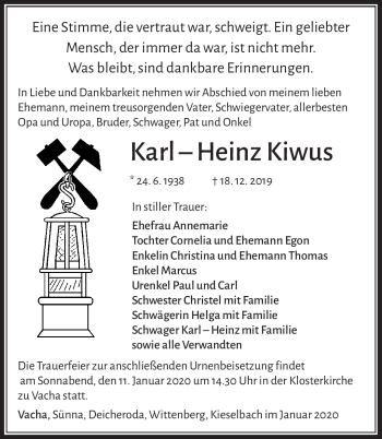 Traueranzeige von Karl-Heinz Kiwus von Südthüringer Presse