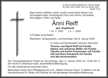 Traueranzeige von Änni Reiff von Frankenpost
