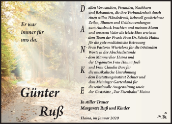 Traueranzeige von Günter Ruß von Südthüringer Presse