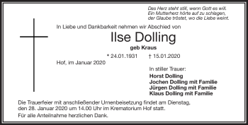 Traueranzeige von Ilse Dolling von Frankenpost