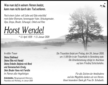 Traueranzeige von Horst Wendel von Südthüringer Presse
