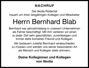 Traueranzeige von Bernhard Blab von Neue Presse Coburg