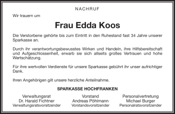 Traueranzeige von Edda Koos von Frankenpost