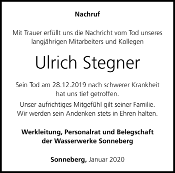 Traueranzeige von Ulrich Stegner von Südthüringer Presse