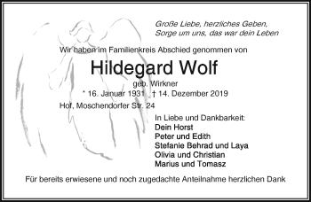 Traueranzeige von Hildegard Wolf von Frankenpost