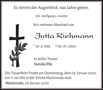 Traueranzeige von Jutta Riehmann von Südthüringer Presse