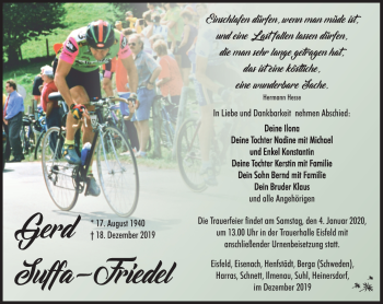 Traueranzeige von Gerd Suffa-Friedel von Südthüringer Presse