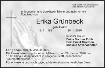 Traueranzeige von Erika Grünbeck von Neue Presse Coburg