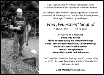 Traueranzeige von Fred Singhof von Südthüringer Presse