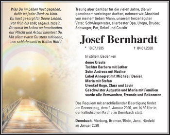 Traueranzeige von Josef Bernhardt von Südthüringer Presse