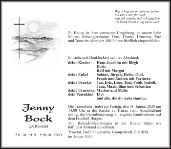 Traueranzeige von Jenny Bock von Südthüringer Presse