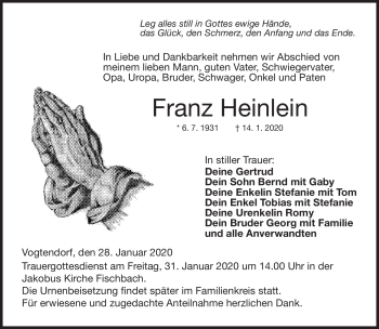 Traueranzeige von Franz Heinlein von Neue Presse Coburg