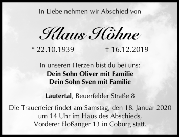 Traueranzeige von Klaus Höhne von Neue Presse Coburg
