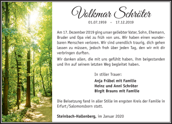 Traueranzeige von Vokmar Schröter von Südthüringer Presse