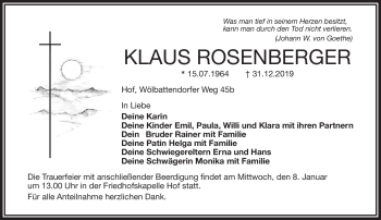 Traueranzeige von Klaus Rosenberger von Frankenpost