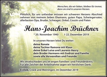 Traueranzeige von Hans-Joachim Brückner von Südthüringer Presse