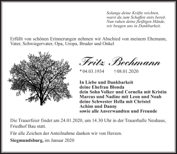 Traueranzeige von Fritz Bechmann von Südthüringer Presse