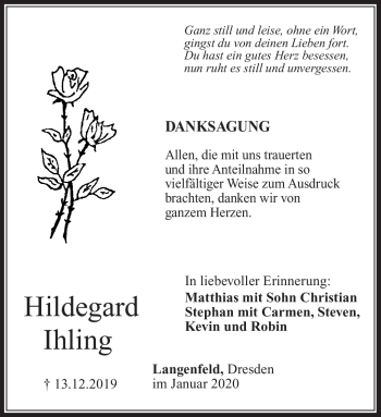 Traueranzeige von Hildegard Ihling von Südthüringer Presse