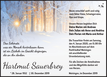 Traueranzeige von Hartmut Sauerbrey von Südthüringer Presse