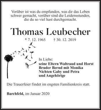 Traueranzeige von Thomas Leubecher von Südthüringer Presse