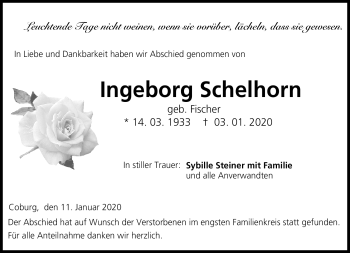 Traueranzeige von Ingeborg Schelhorn von Neue Presse Coburg