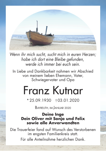 Traueranzeige von Franz Kutnar von Frankenpost