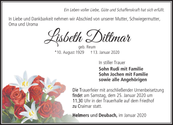 Traueranzeige von Lisbeth Dittmar von Südthüringer Presse