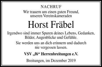 Traueranzeige von Horst Fräbel von Südthüringer Presse