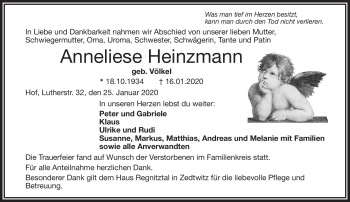 Traueranzeige von Anneliese Heinzmann von Frankenpost