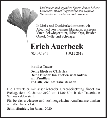 Traueranzeige von Erich Auerbeck von Südthüringer Presse