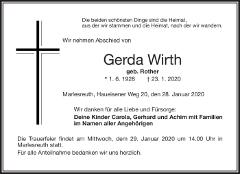 Traueranzeige von Gerda Wirth von Frankenpost